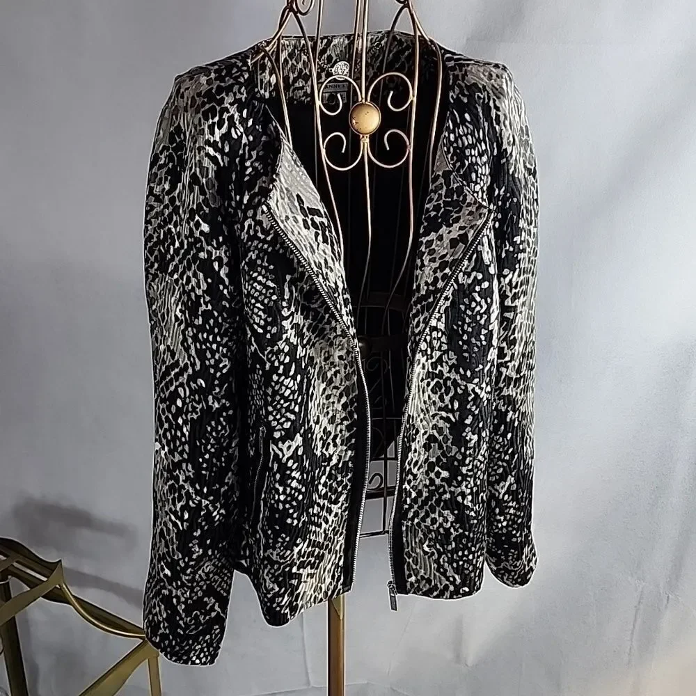 Silk & Wool Blend Black & Gray Animal Print Anne Klein Zippered Jacket